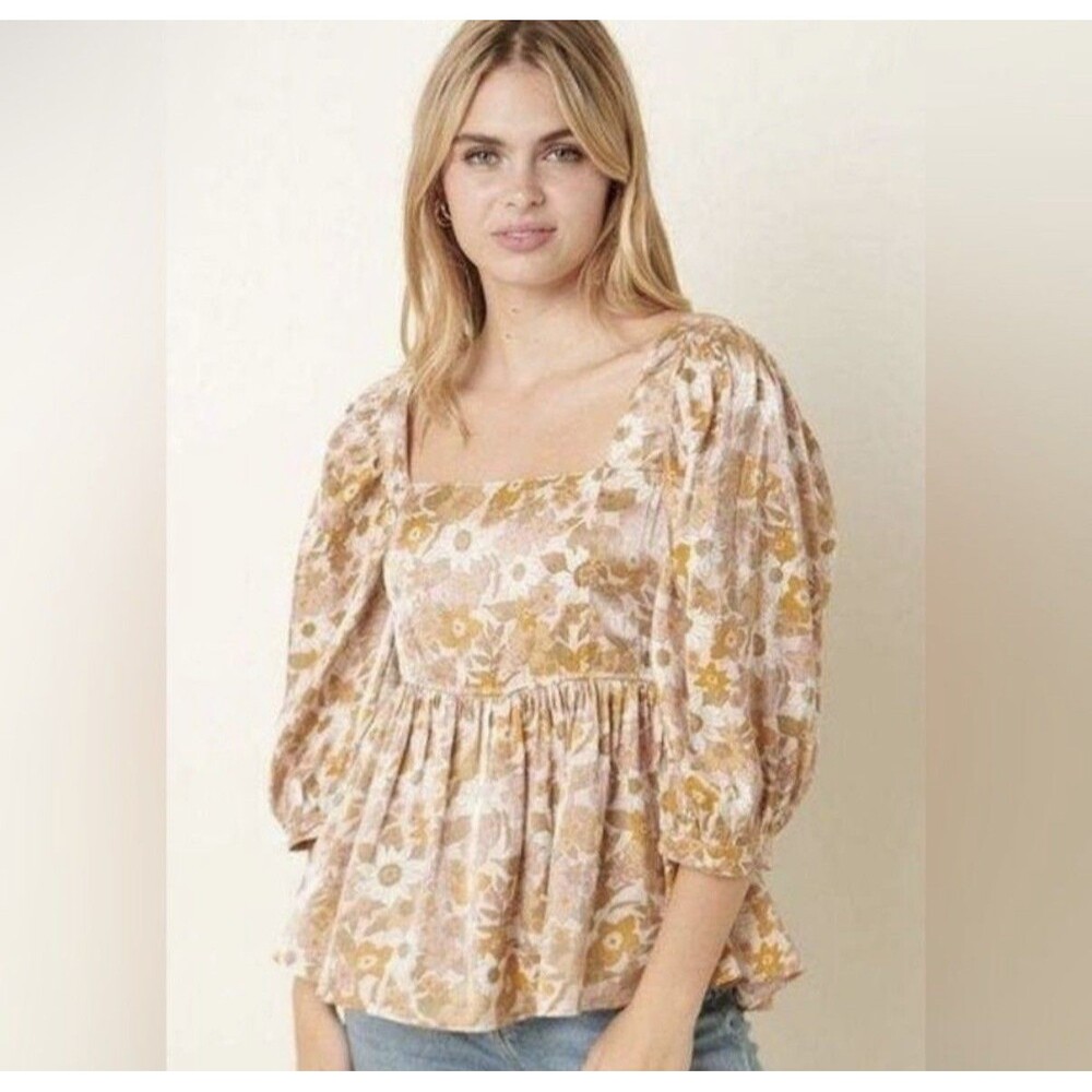Storia Andrea Floral Top Small White Gold Blouse Long Sleeve Ruffle